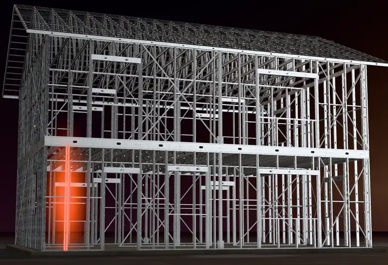 Estrutura de uma casa em light steel frame ao entardecer, com um único montante faltando, marcado em laranja.